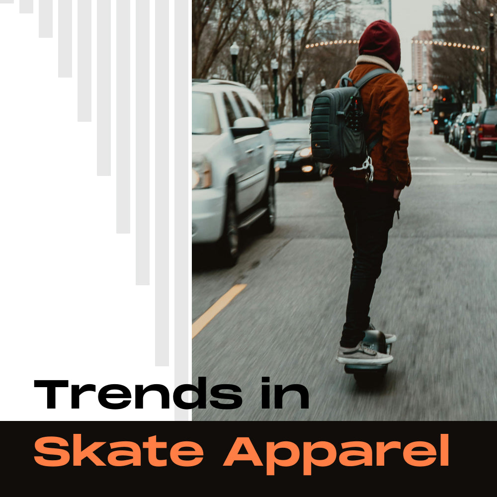 A man skating in a city with trendy skate sneakers and apparel.